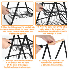 SWANEW 3-Ebenen Aufbewahrungskorb Multifunktionaler Schwarzer Metall mit Holzgriff