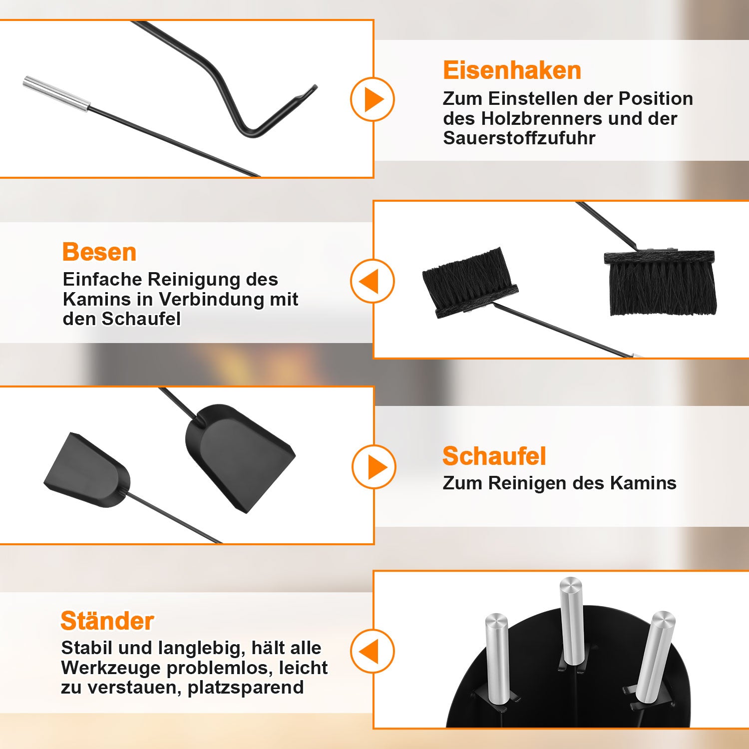 SWANEW Kaminbesteck Set 4 teilig Kaminzubehör mit Kaminaufbewahrung Kaminreinigungsset Kaminwerkzeuge Schwarz