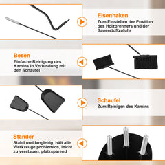 SWANEW Kaminbesteck Set 4 teilig Kaminzubehör mit Kaminaufbewahrung Kaminreinigungsset Kaminwerkzeuge Schwarz