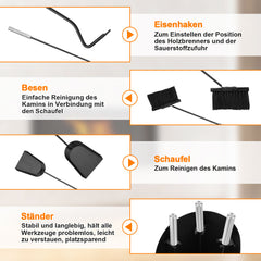 SWANEW Kaminbesteck Set 4 teilig Kaminzubehör mit Kaminaufbewahrung Kaminreinigungsset Kaminwerkzeuge Schwarz