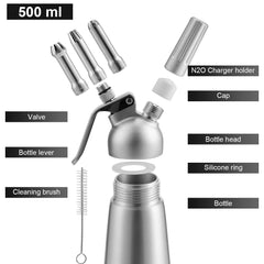 SWANEW Sahnespender Aluminium/Edelstahl Sahnesyphon, 0,5 L Mit 3 Edelstahl Deko-Düsen und Reinigungbürste