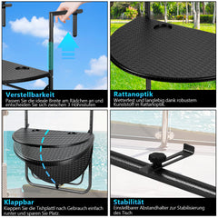 Balkontisch klappbar Hängetisch, klapptisch Balkongeländer, 3-Fach höhenverstellbarer balkontisch zum einhängen, 60 x 40 cm Halbrund Balkontisch klappbar Schwarz