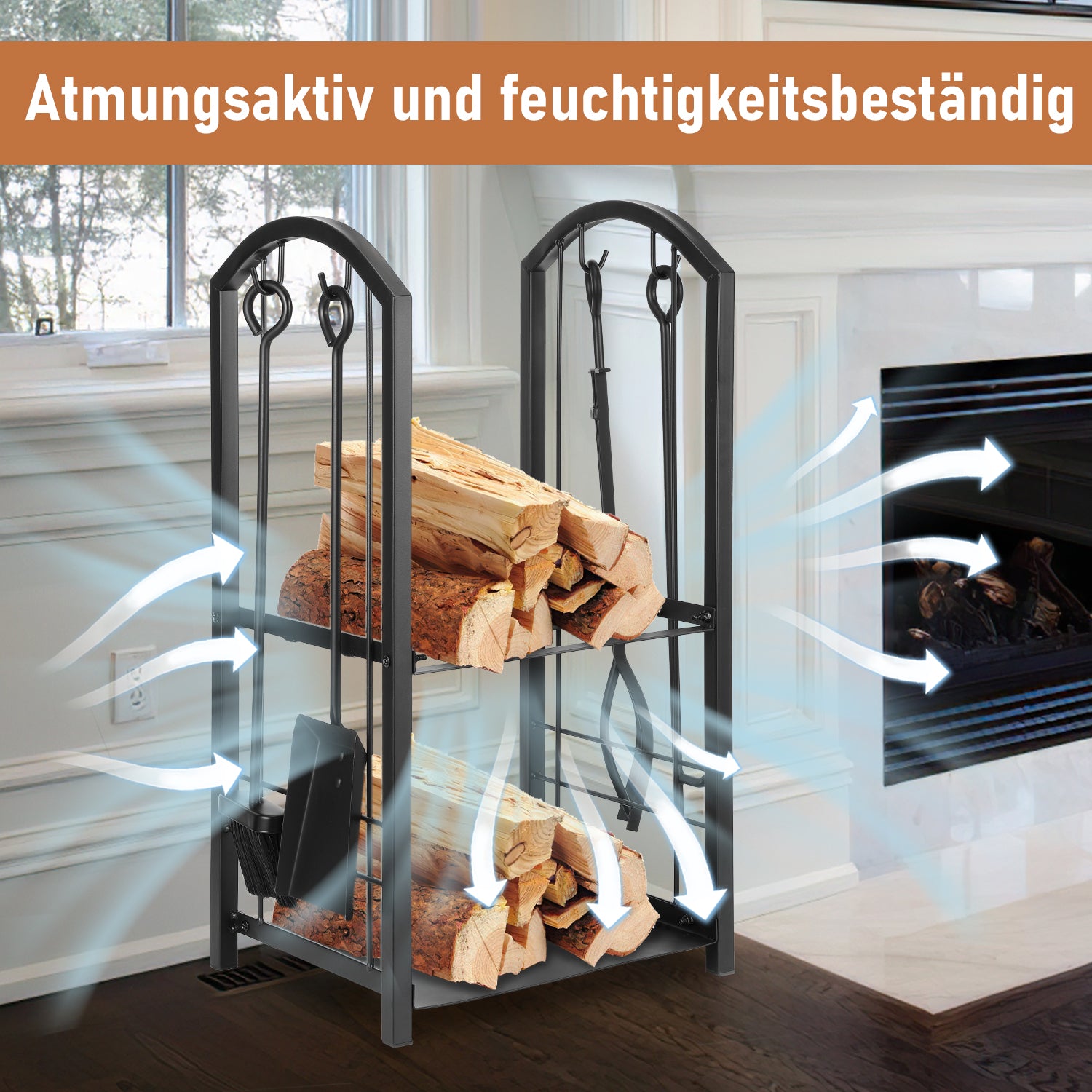 SWANEW kaminholzregal Innen und Aussen, mit Kaminbesteck, Metall Brennholzregal, Holzunterstand für Kaminholz, 37 x 33 x 74CM, Schwarz