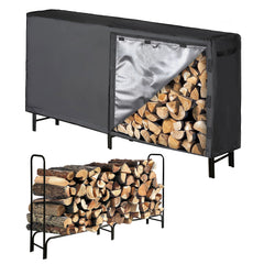 SWANEW Großes Kaminholzregal mit wasserdichter Abdeckung Feuerholzregal Metall Schwarz 244x34.5x124cm Brennholzregal für Innen- und Außenbereich Wetterfest