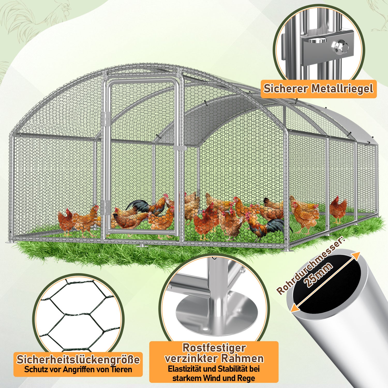 Hühnerstall Freilaufgehege 3x6x2m Kuppel Dach