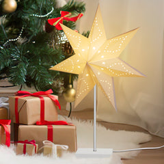 SWANEW Weihnachtsstern Tischlampe, Holzsockel, Weißer 3D-Papierstern φ42cm, Dekorative Papierstern Weihnachten Tischlampe mit Kabelschalter, E14, inkl. Leuchtmittel