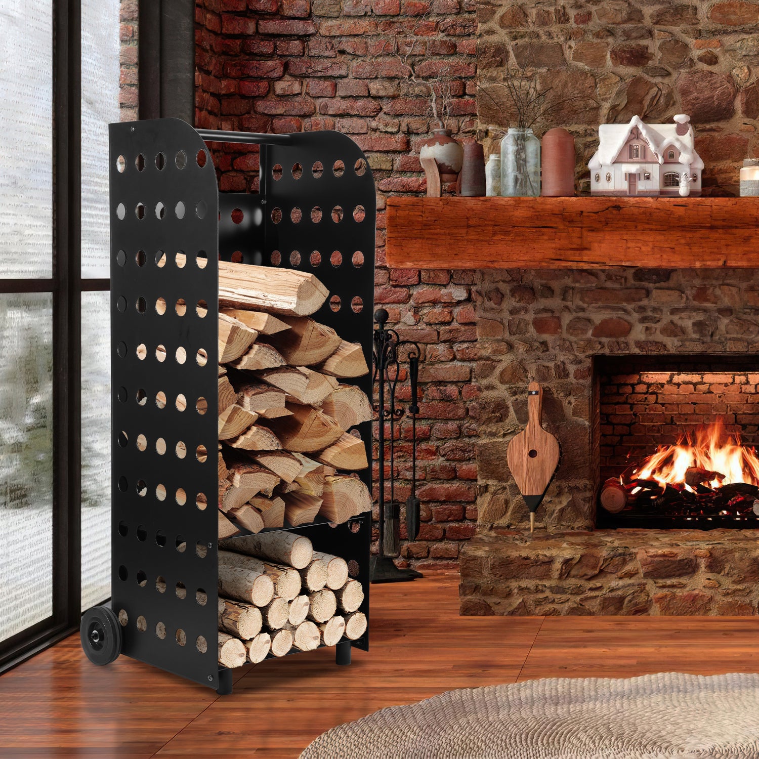 SWANEW Kaminholzwagen Brennholzwagen Kaminholzständer Trolley,Kaminzubehör Holzkarre 60kg, Mit Lochplatte, 42x35x112cm