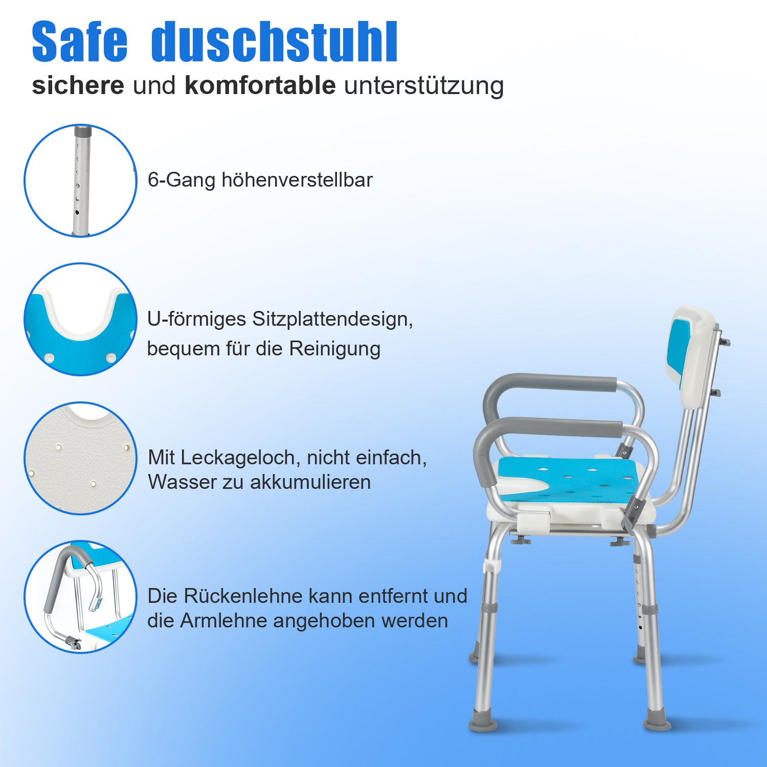 Duschstuhl mit abnehmbaren Armen und Rückenlehne