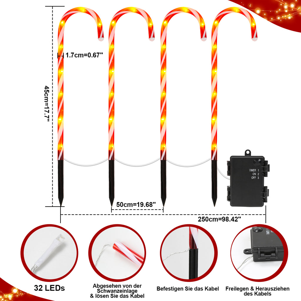 SWANEW Zuckerstangen LED Garten Weihnachtsdeko, 4/8 Stück Zuckerstange Weihnachts Dekoration Leuchtstab Außen, mit Erdspieß, wasserdichte Batteriebox