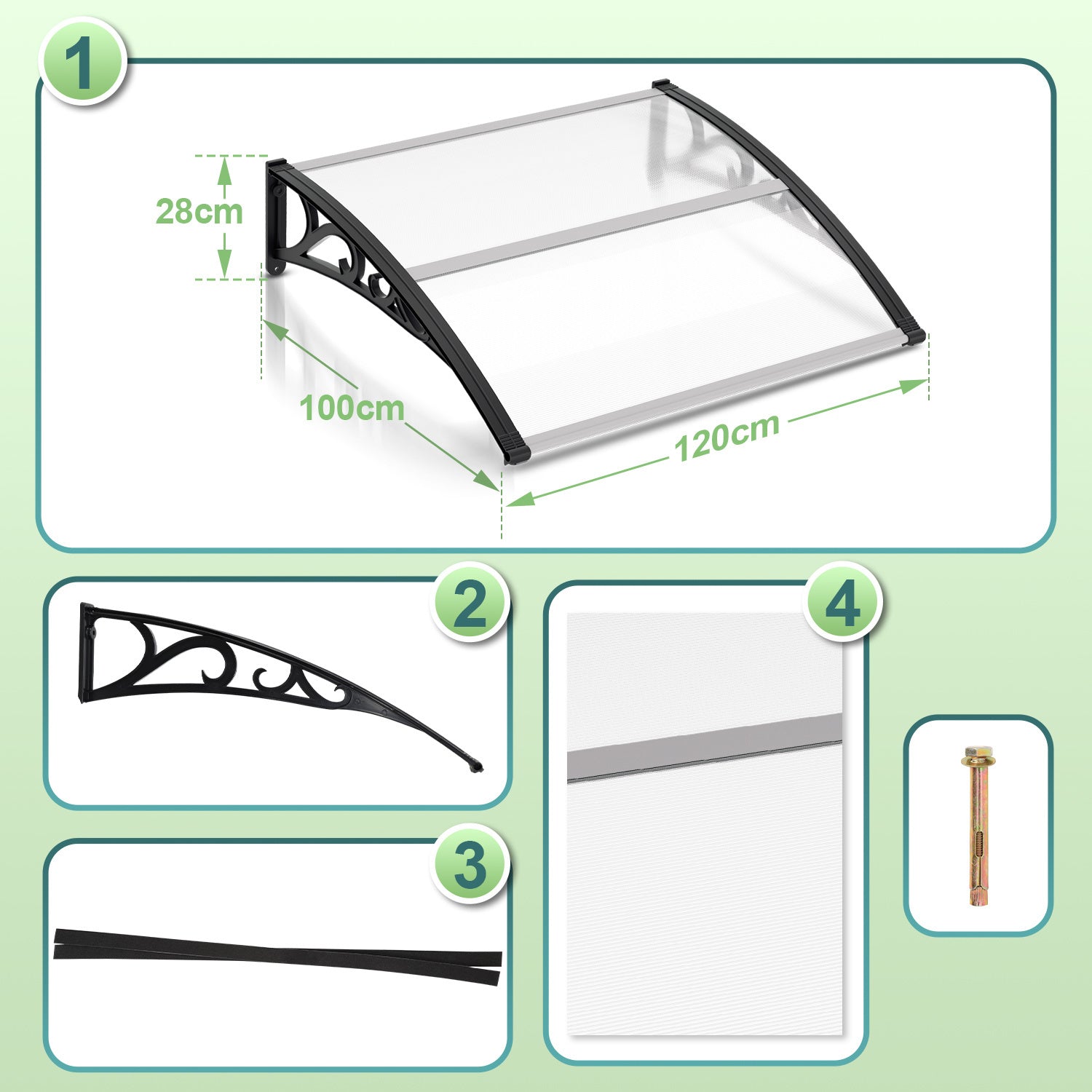 SWANEW Vordach für Haustür, 5 mm Überdachung, Transparentes Pultbogenvordach, Polycarbonat Pultvordach, Türdach für draußen