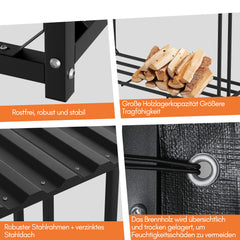 SWANEW Kaminholzregal, Metall brennholzregal, Feuerholzregal, mit Dach, 185x70x185cm