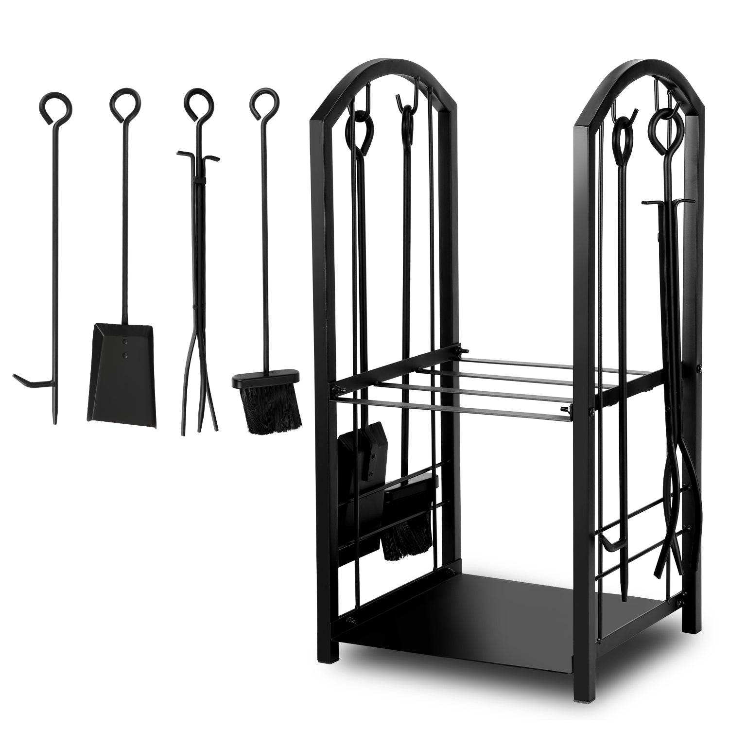 SWANEW kaminholzregal Innen und Aussen, mit Kaminbesteck, Metall Brennholzregal, Holzunterstand für Kaminholz, 37 x 33 x 74CM, Schwarz