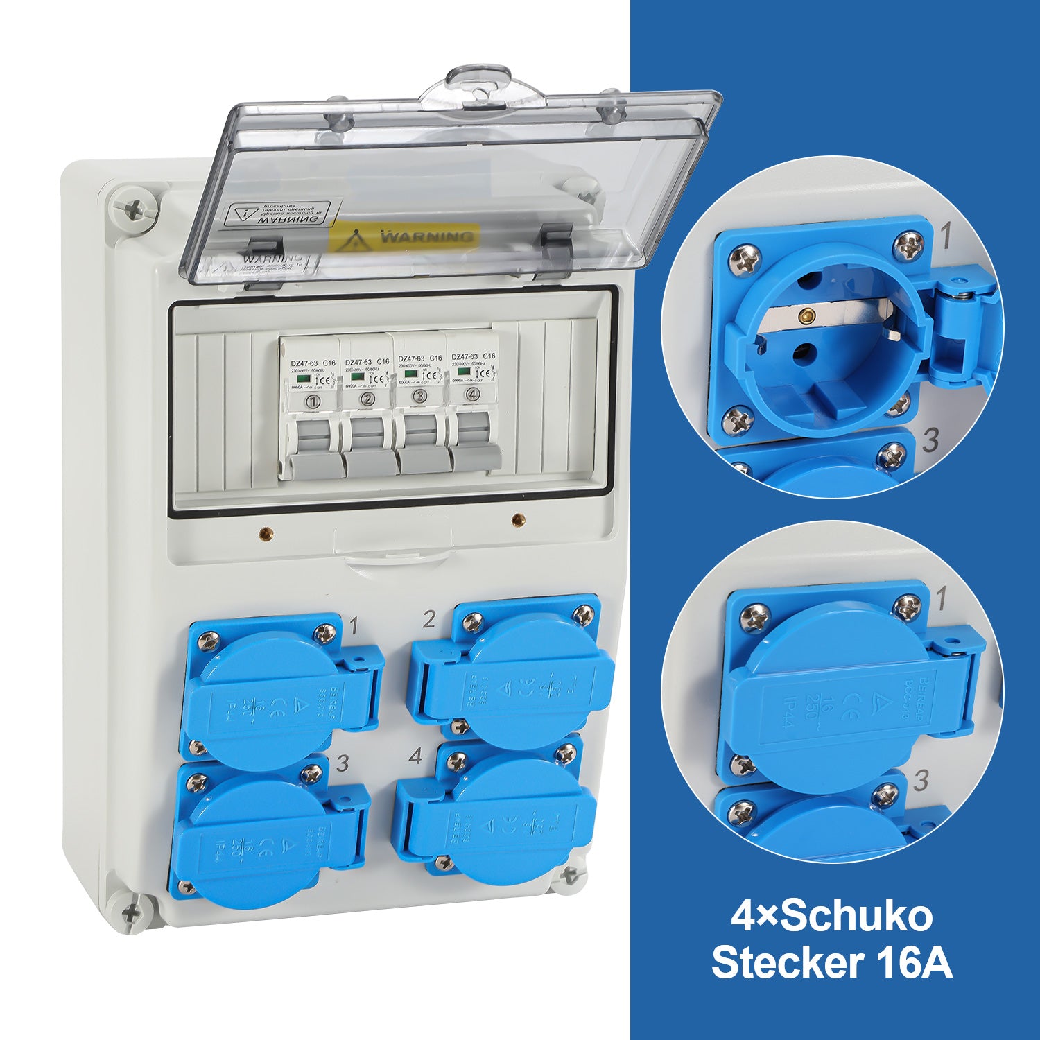 SWANEW Wandverteiler mit Leitungsschutzschalter, Baustromverteiler, 4xSchuko-Steckdose und CEE-Steckdose 16A, Stromverteiler, IP44