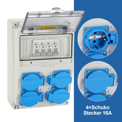 SWANEW Wandverteiler mit Leitungsschutzschalter, Baustromverteiler, 4xSchuko-Steckdose und CEE-Steckdose 16A, Stromverteiler, IP44