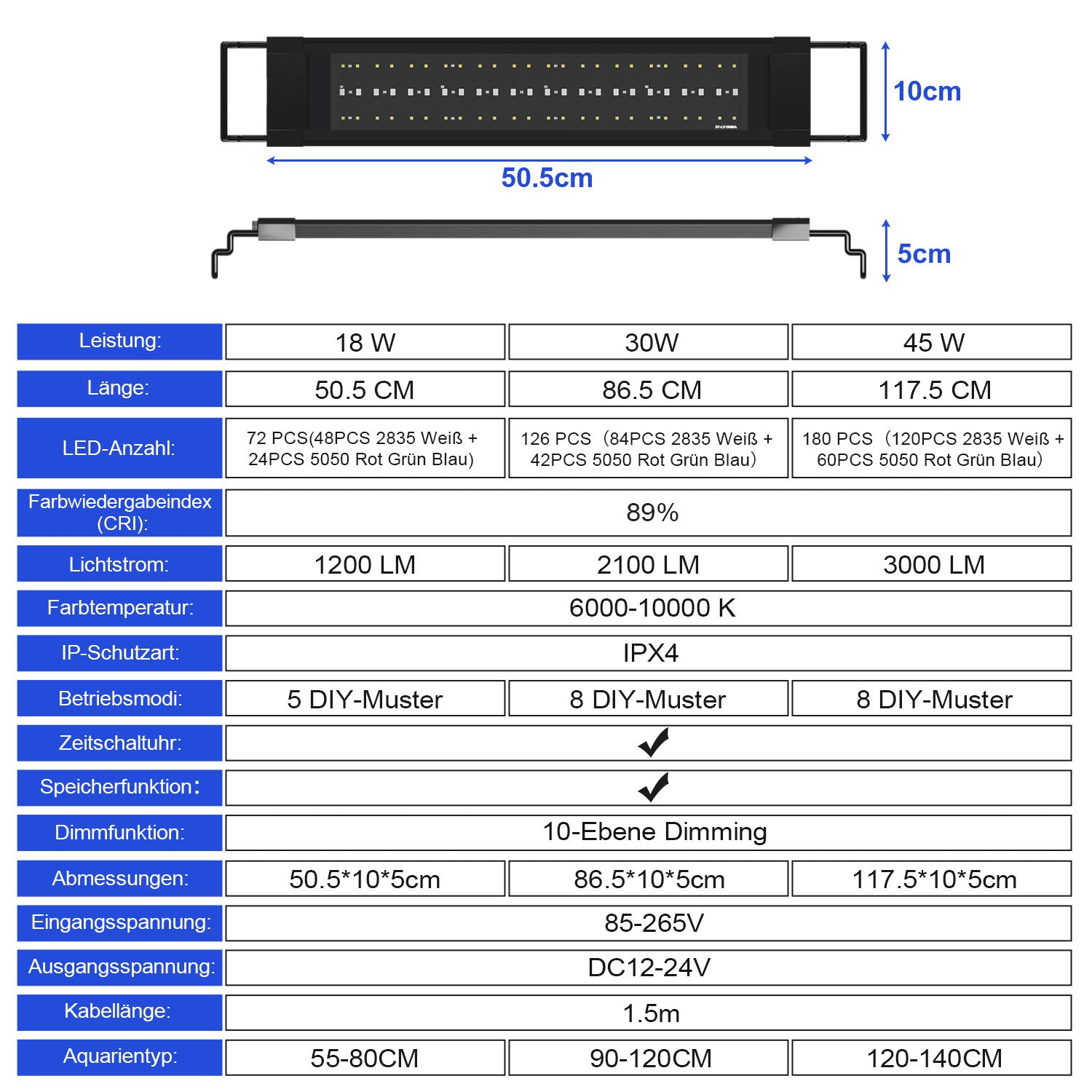 SWANEW LED Aquarium Beleuchtung 18W/30W/45W, Aquarienbeleuchtung 24/7 Modus, wasserdicht, 55-150cm, Aufsetzleuchte Vollspektrum Licht