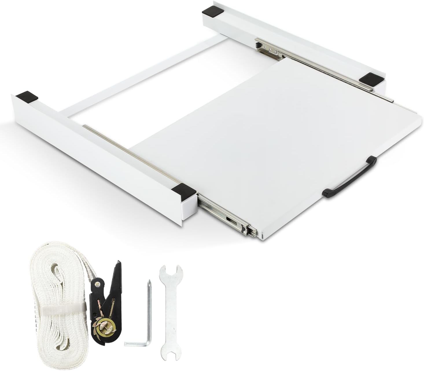 SWANEW Zwischenbaurahmen mit Ausziehplatte für Trockner und Waschmaschine, 60x60 cm Verbindungsrahmen Waschmaschine trockner mit Ablage, Universell Verbindung für Waschmaschine Trockner