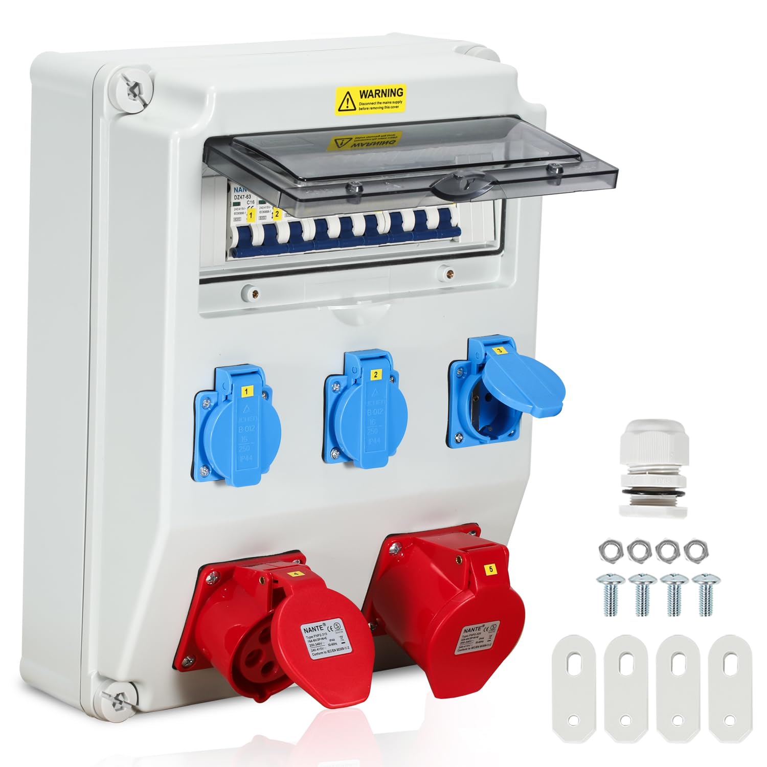 SWANEW Wandverteiler mit Leitungsschutzschalter,5 Polig Baustromverteiler, Stromverteiler 3x230V+1x16A+1x32A/400V CEE, Verteiler IP44