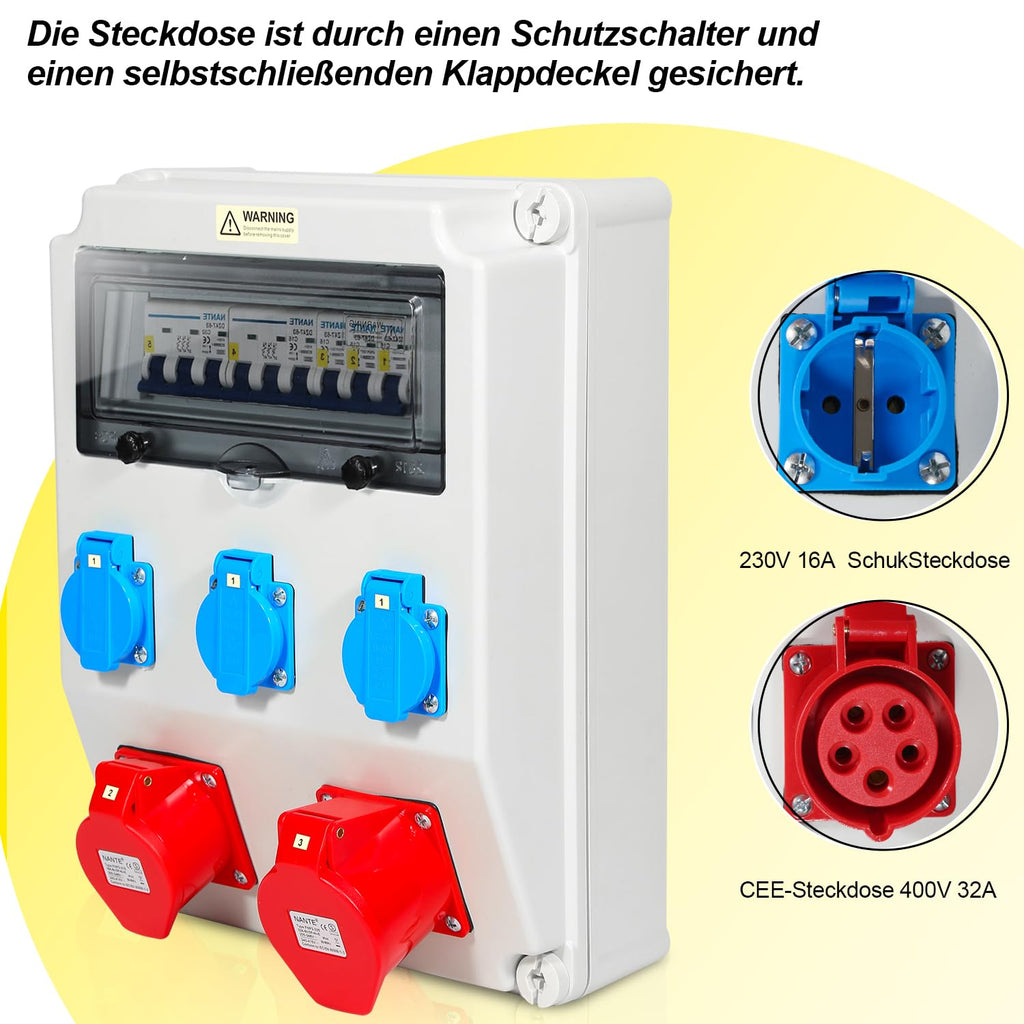 SWANEW Wandverteiler mit Leitungsschutzschalter,5 Polig Baustromverteiler mit 3xSchuko-Steckdose und CEE-Steckdose 16/32A Stromverteiler für Innen und Außen