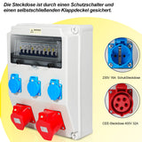 SWANEW Wandverteiler mit Leitungsschutzschalter,5 Polig Baustromverteiler mit 3xSchuko-Steckdose und CEE-Steckdose 16/32A Stromverteiler für Innen und Außen