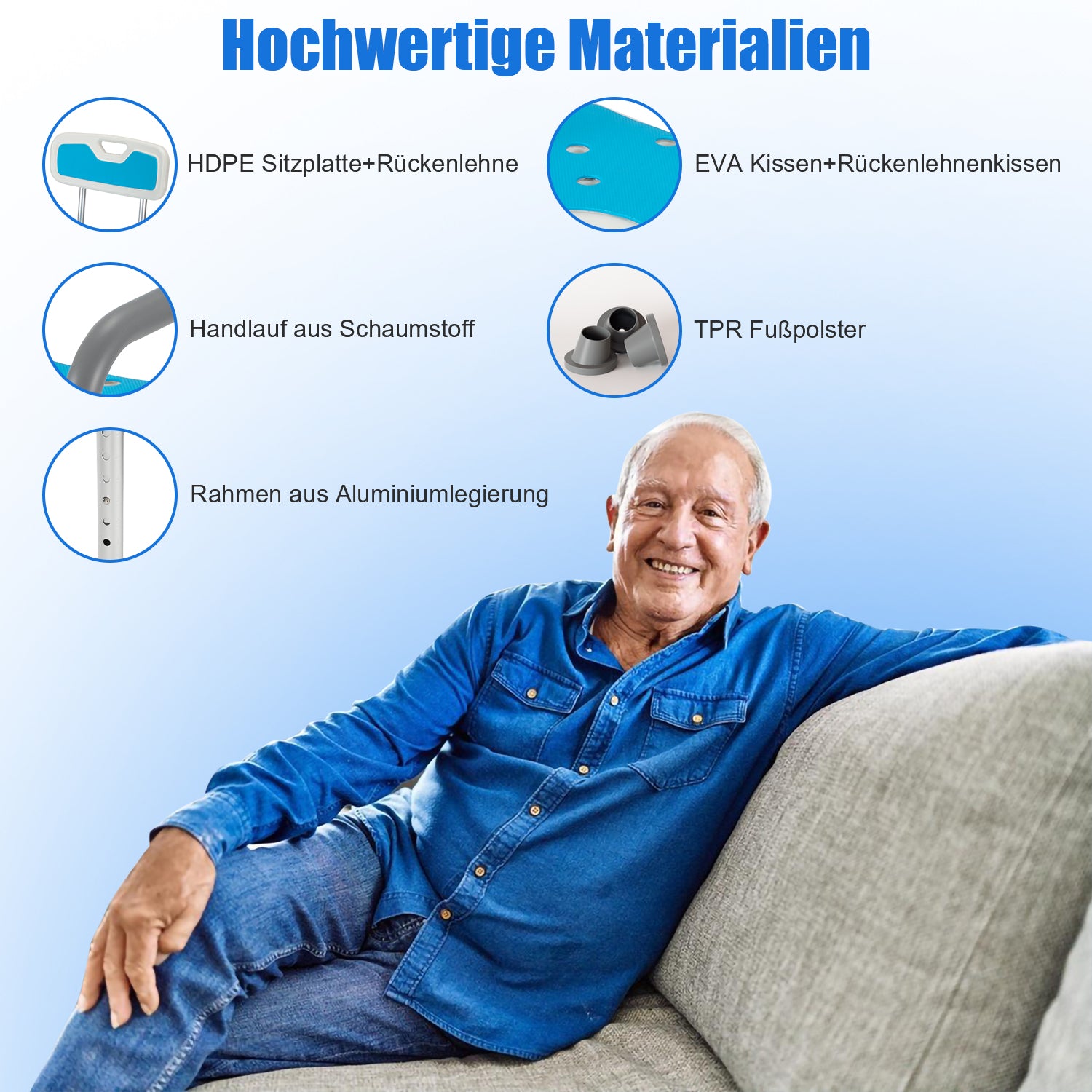 Duschstuhl mit abnehmbaren Armen und Rückenlehne