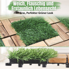 SWANEW Holzfliesen aus Akazien Holz, Balkonfliesen mit Künstlichem Gras, Dekorationsbodenmatte
