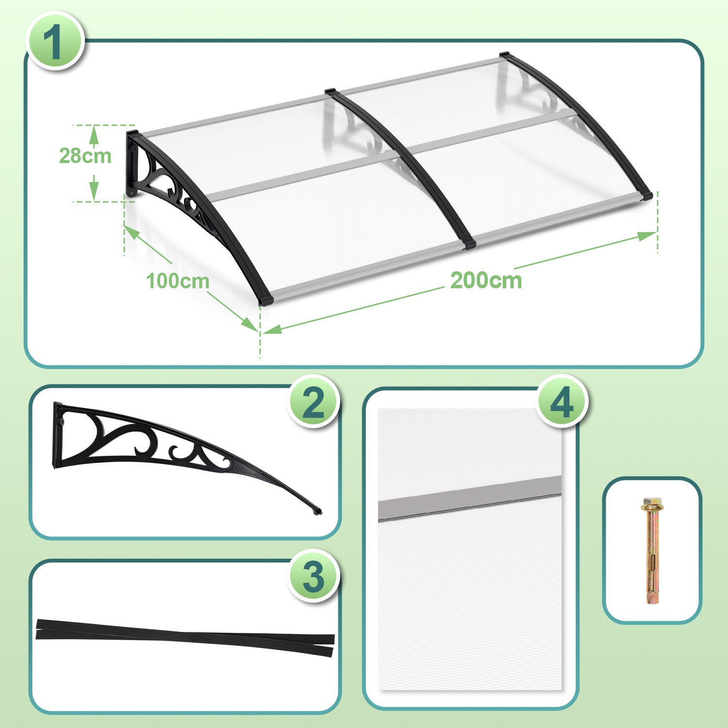 SWANEW Vordach für Haustür, 5 mm Überdachung, Transparentes Pultbogenvordach, Polycarbonat Pultvordach, Türdach für draußen