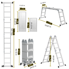 SWANEW 3,6m/4,7m/5,82m Aluminium Mehrzweckleiter 4x3/4x4/4x5 Stufen, Multifunktionsleiter mit 2 Plattform und Räder, Klappleiter, Trittleiter