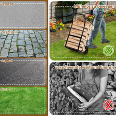 SWANEW Brennholzwagen, max. 80 kg, Kaminholzständer Kaminzubehör mit Rollen Holztransportwagen Brennholzständer, Schwarz 70x42x109cm