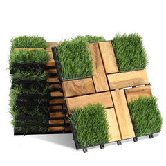 SWANEW Holzfliesen aus Akazien Holz, Balkonfliesen mit Künstlichem Gras, Dekorationsbodenmatte