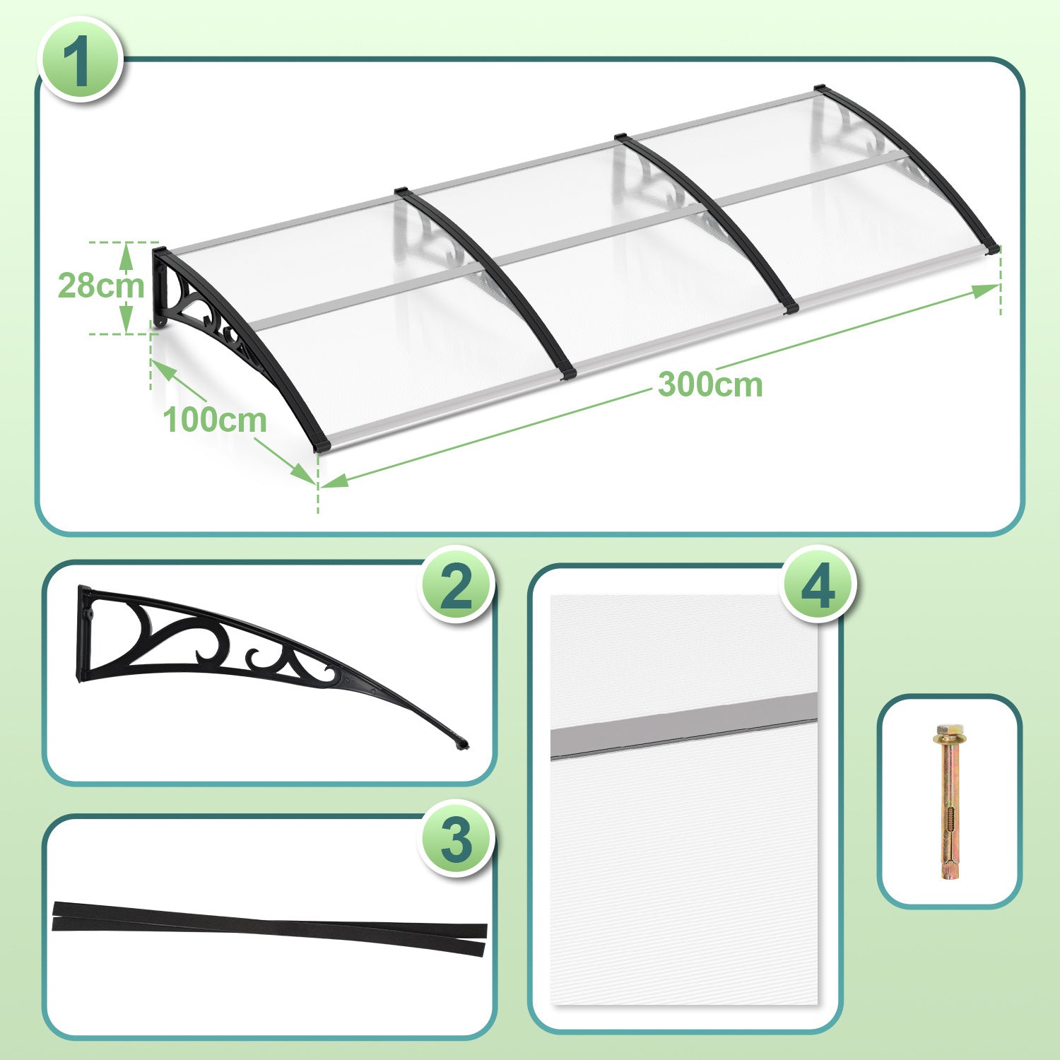 SWANEW Vordach für Haustür, 5 mm Überdachung, Transparentes Pultbogenvordach, Polycarbonat Pultvordach, Türdach für draußen