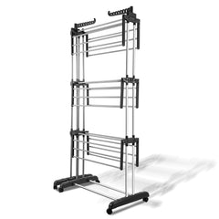 SWANEW Wäscheständer Turm,wäscheständer ausziehbar Länge 75-150cm, platzsparend, 4 Etagen mit 2 klappbaren Flügeln, 360°drehbare Rollen, Wäscheturm