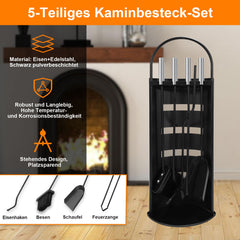 SWANEW Kaminbesteck 5-tlg. Ofenbesteck Kaminset, mit Edelstahlgriffe und Leichentuch