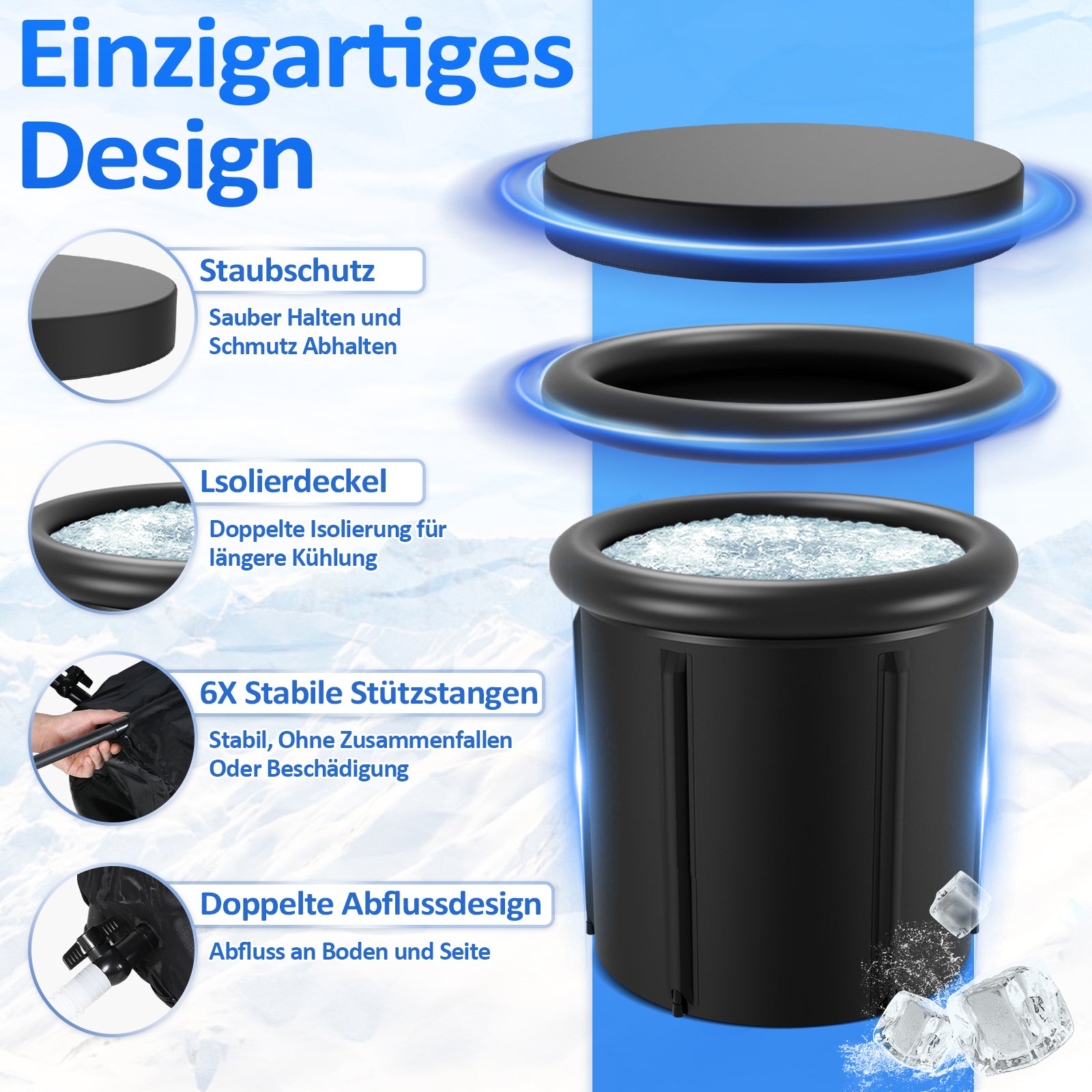 SWANEW Eisbad Eisbaden Tonne 80 cm, Faltbare Badewanne 390L, Kältetherapie Set mit 5 Isolierschichten, Aufblasbare Eistonne-Set für Zuhause