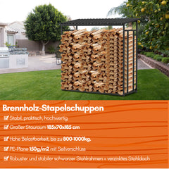 SWANEW Brennholzregal Grau Stahl mit Dach Holzlagerung Verzinkt Stapelhilfe Plane Schutz 185 x 70 x 185 cm