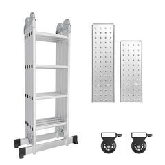 SWANEW 3,6m/4,7m/5,82m Aluminium Mehrzweckleiter 4x3/4x4/4x5 Stufen, Multifunktionsleiter mit 2 Plattform und Räder, Klappleiter, Trittleiter