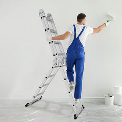 SWANEW 3,6m/4,7m/5,82m Aluminium Mehrzweckleiter 4x3/4x4/4x5 Stufen, Multifunktionsleiter mit 2 Plattform und Räder, Klappleiter, Trittleiter