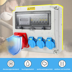 SWANEW Wandverteiler, Baustromverteiler 3x16A 230V, 1x CEE+32A 5 polig Steckdosen mit MCB Leitungsschutzschalter, 3-Phasen Stromverteiler IP44 Mit Sicherheitsklappdeckeln