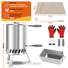 SWANEW Brennholz Poolheizung, Schwimmbadheizung mit Feuer, 100% rostfreier Edelstahl Poolheizung Feuertonne, 32-38mm Anschlüsse, mit Feuerfeste Matte und Tablett