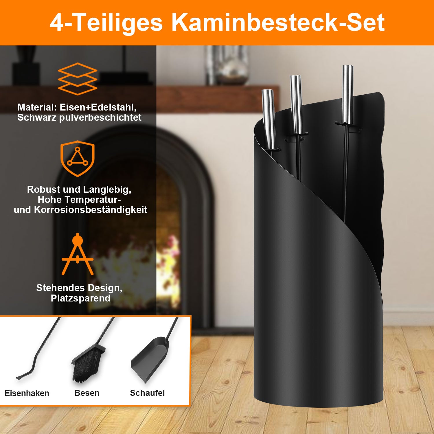 SWANEW Kaminbesteck Set 4 teilig Kaminzubehör mit Kaminaufbewahrung Kaminreinigungsset Kaminwerkzeuge Schwarz