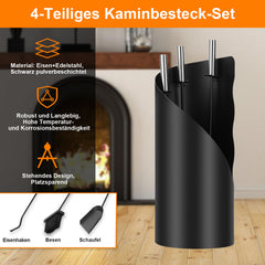 SWANEW Kaminbesteck Set 4 teilig Kaminzubehör mit Kaminaufbewahrung Kaminreinigungsset Kaminwerkzeuge Schwarz