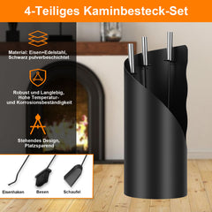 SWANEW Kaminbesteck Set 4 teilig Kaminzubehör mit Kaminaufbewahrung Kaminreinigungsset Kaminwerkzeuge Schwarz