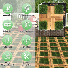 SWANEW Holzfliesen aus Akazien Holz, Balkonfliesen mit Künstlichem Gras, Dekorationsbodenmatte