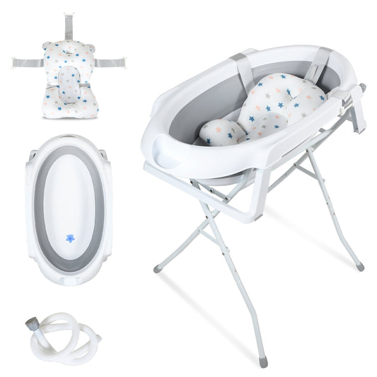 SWANEW Babywanne mit Ständer Faltbare Baby Badewanne Set mit integriertem Thermometer und Gestell, Tragbare Rutschfeste Wanne für Neugeborene bis 3 Monate