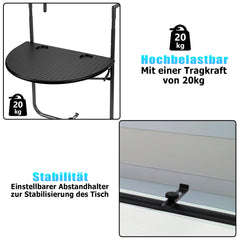 Balkontisch klappbar Hängetisch, klapptisch Balkongeländer, 3-Fach höhenverstellbarer balkontisch zum einhängen, 60 x 40 cm Halbrund Balkontisch klappbar Schwarz