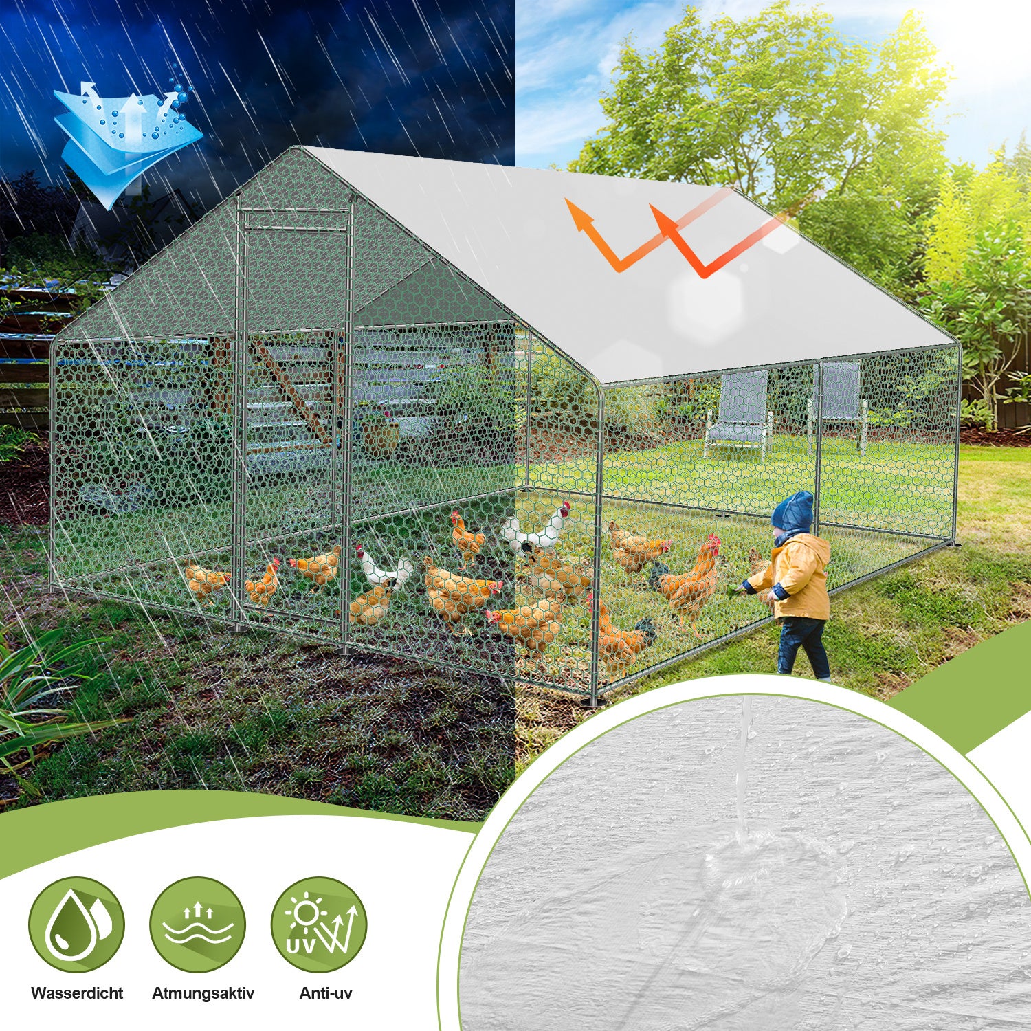 Hühnerstall Freilaufgehege, 3x3x2m, Verzinkter Stahl