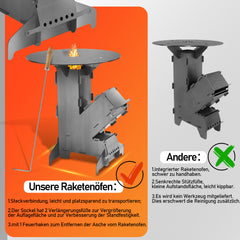 SWANEW Raketenofen mit Grillplatte und Feuerhaken, Rocket Stove Stecksystem aus 3 mm dickem Stahl, Raketenofen Outdoor Holzofen Campingkocher Kanonenofen für BBQ Terrasse