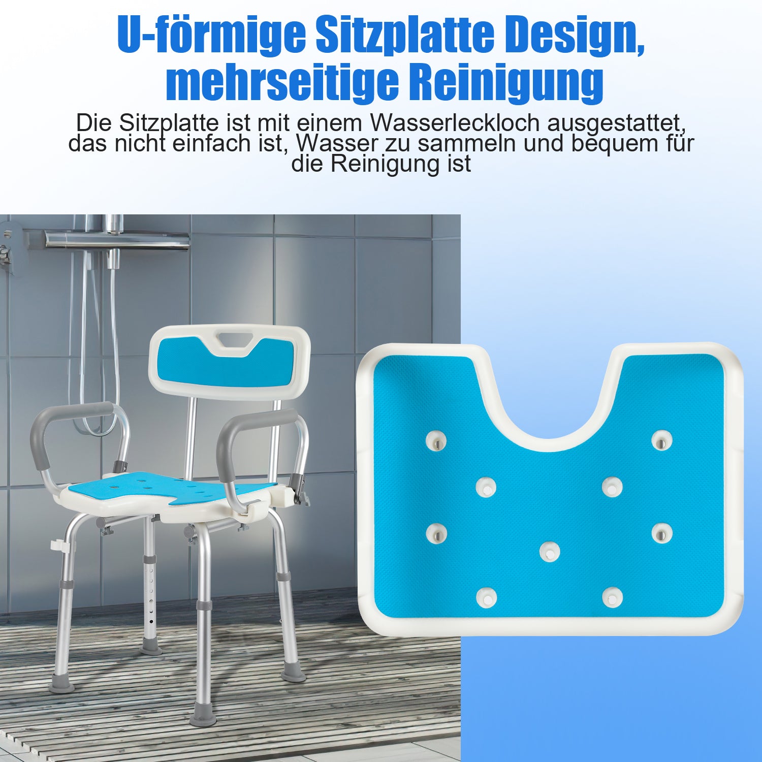 Duschstuhl mit abnehmbaren Armen und Rückenlehne