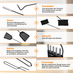 SWANEW Kaminbesteck 5-tlg. Ofenbesteck Kaminset, mit Edelstahlgriffe und Leichentuch