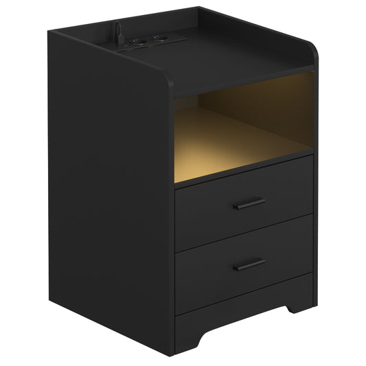 SWANEW Nachttisch Ablagen, mit Steckdose & LED-Lichtern, Beistelltisch Schubfächer