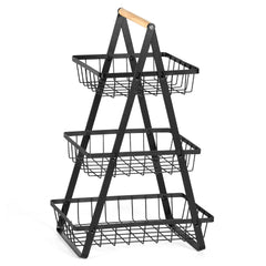 SWANEW 3-Ebenen Aufbewahrungskorb Multifunktionaler Schwarzer Metall mit Holzgriff